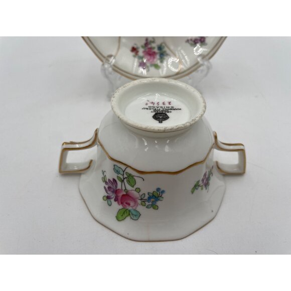 Crescent China Marshall Field & Co. Floral Two-Handled Cup Saucer Set Gold Trim - Picture 5 of 9